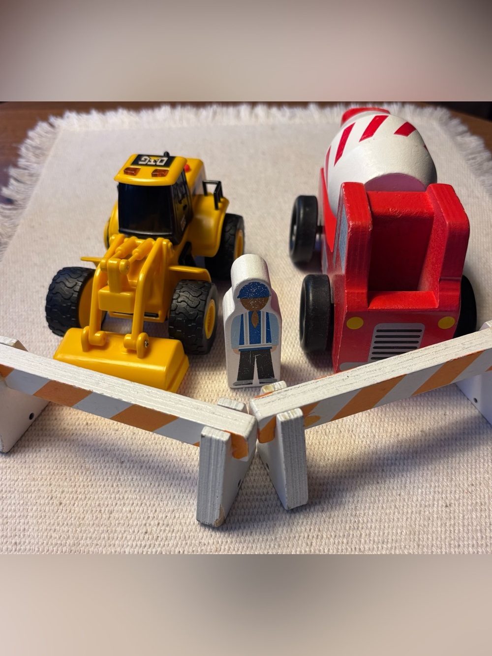 Construction vehiclesYellow Front Loader and Red Cement Mixer Toy Set with Worke